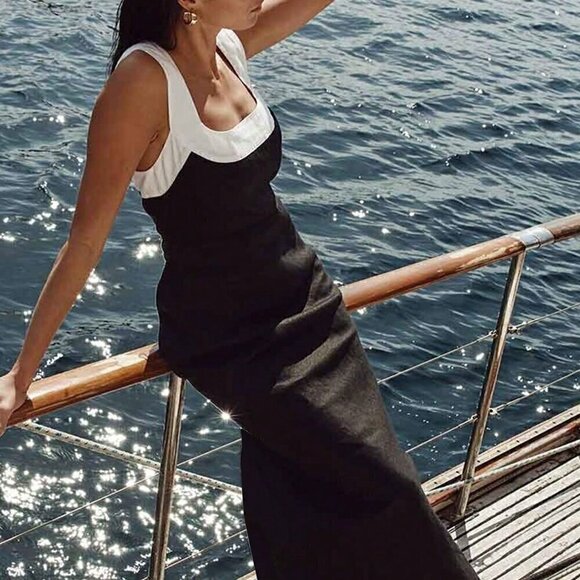 Black Preppy Womens Colorblock Square Neckline French Style High Side Slit Dress - Picture 1 of 7